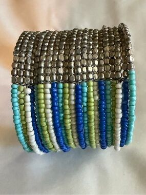 Hand Crafted Wide Beaded Multi-Row Adjustable Cuff Bracelet